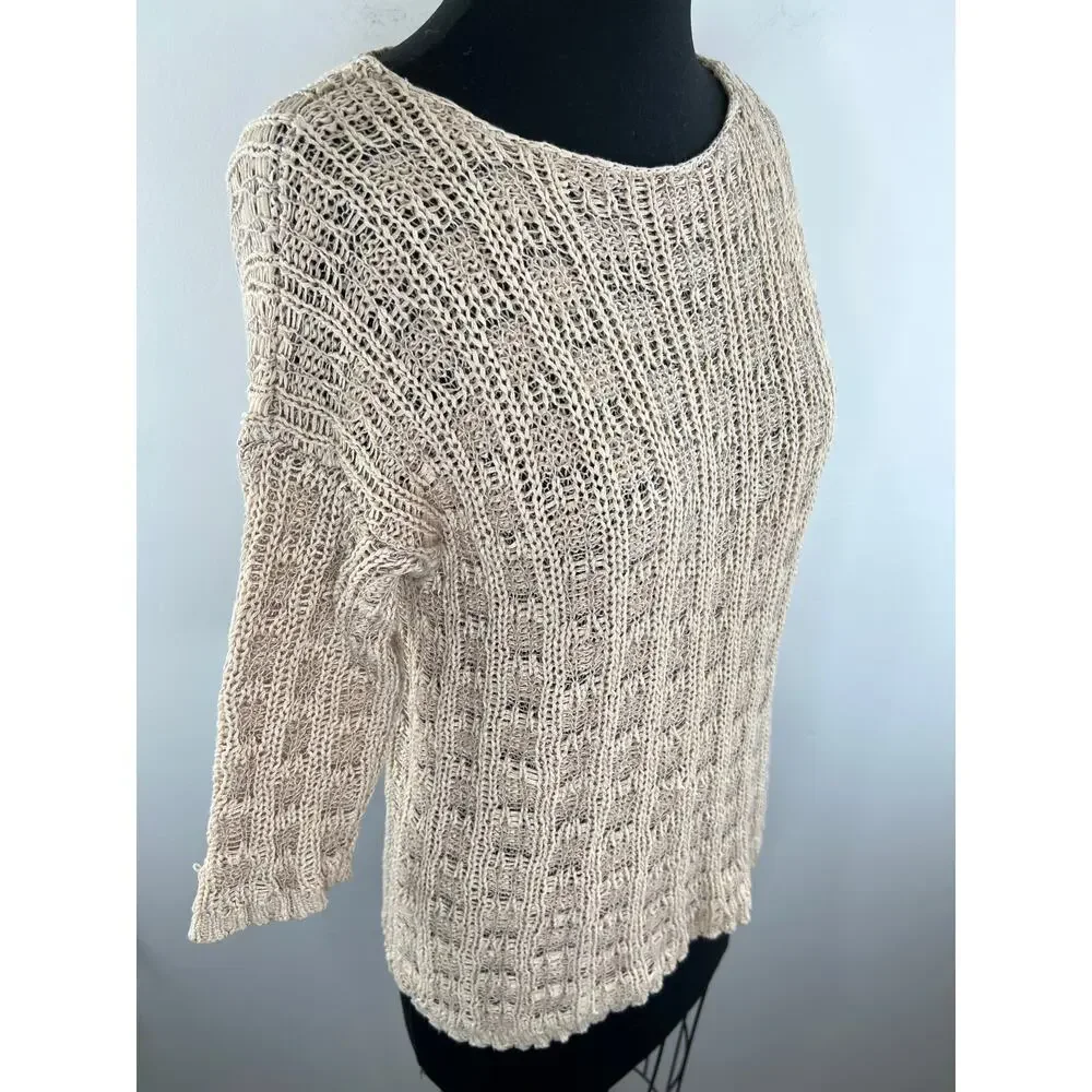 Eileen Fisher Beige Organic Cotton Linen 3/4 Sleeve Round Neck Knit Sweater S
